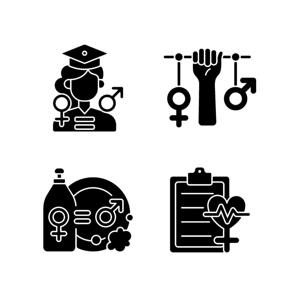 Equal education opportunities black glyph icons set on white space vector