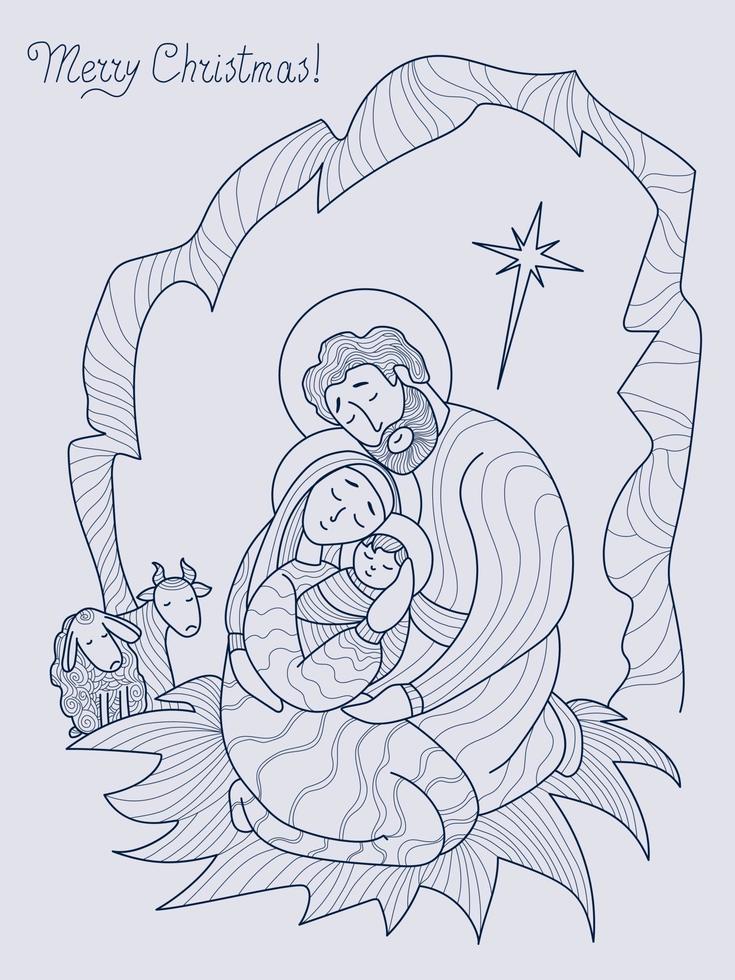 Feliz Navidad. virgen maría, josé y el niño jesucristo en cueva, al lado de la oveja. noche santa el nacimiento del salvador y la estrella de belén. vector. línea, contorno. vacaciones religiosas, familiares vector