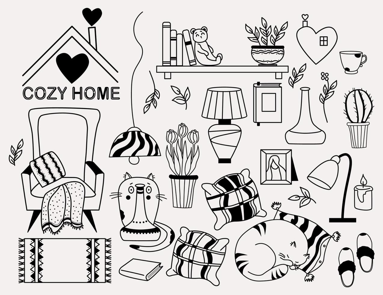 Cozy home. set of doodles - a cat looking out from behind a vase, a cat sleeping on a pillow, a bookshelf and a teddy bear, an armchair with a blanket, flowerpots, lamp and cookies. Vector, outline vector