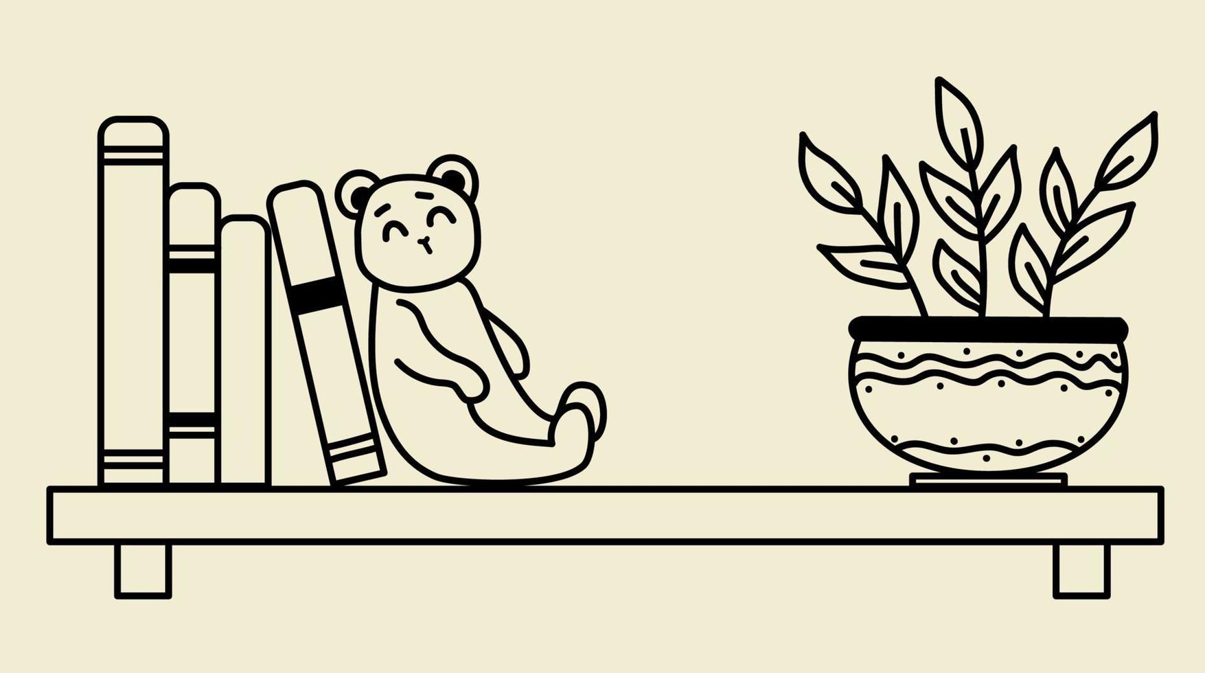 Cozy home. A bookshelf, books, a cute toy - a teddy bear and a flowerpot. Vector illustration, outline. Black line