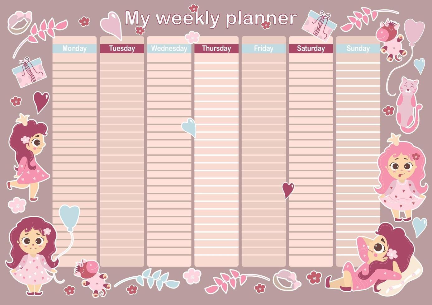 My week planner. Cute weekly and daily schedule with beautiful girls princesses, toys, unicorn, cat, leaves and flowers on pink background. Womens Stationery for Planning and Scheduling. Vector