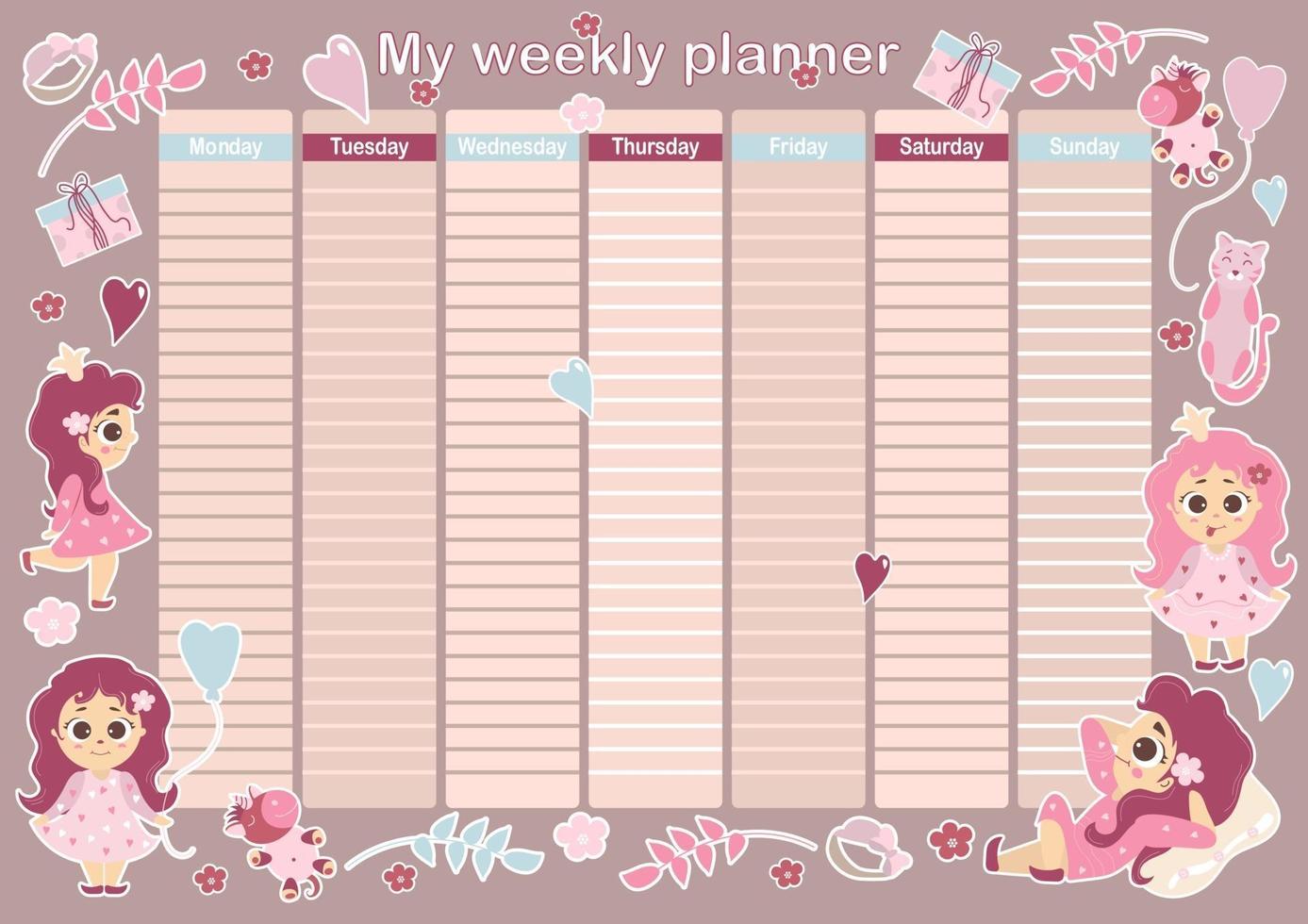 mi planificador semanal. lindo horario semanal y diario con hermosas niñas princesas, juguetes, unicornio, gato, hojas y flores sobre fondo rosa. Papelería para mujer para planificación y programación. vector