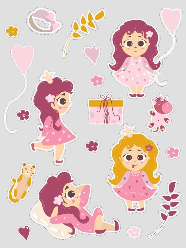 un juego de lindas pegatinas con una niña princesa con un globo y un unicornio y un gato, flores y ramas, una caja con un regalo. ilustración vectorial. aislado. colección de niños girly vector