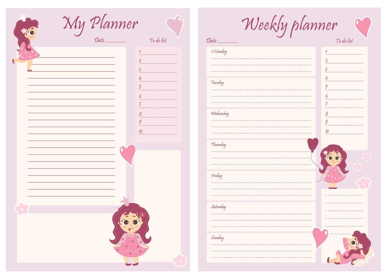 Cute girl planner templates - for a day, a week, a to-do list and a place to take notes. Organizer and schedule with notes and to-do list. Beautiful girl princess with flowers and balloons. Vector. A4 vector