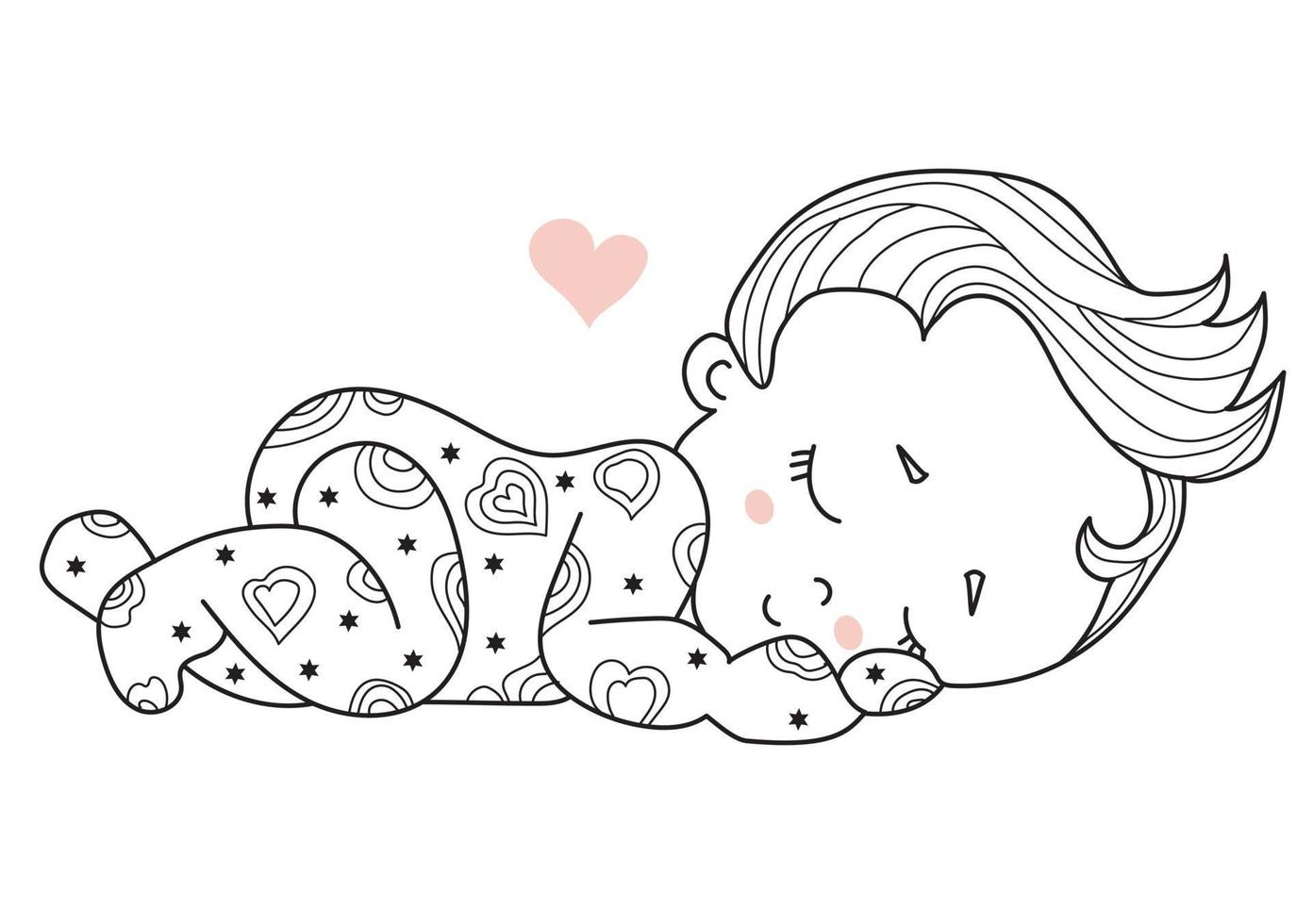 Childrens collection. Cute little baby sleeping sweetly. sweet dream. Decorative vector illustration. Outline. Isolated on white.For childrens design, postcards, decoration and decor