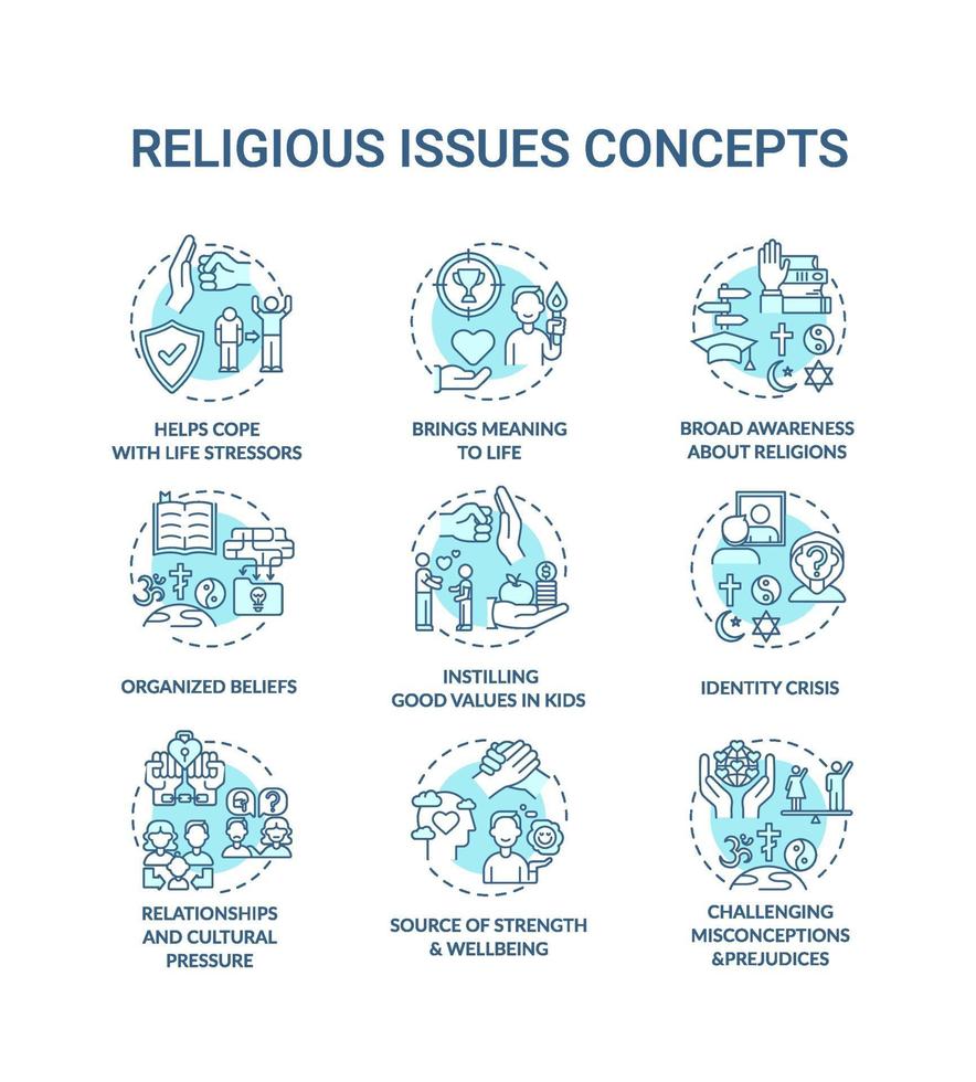 Cuestiones y valores religiosos conjunto de iconos de concepto turquesa vector