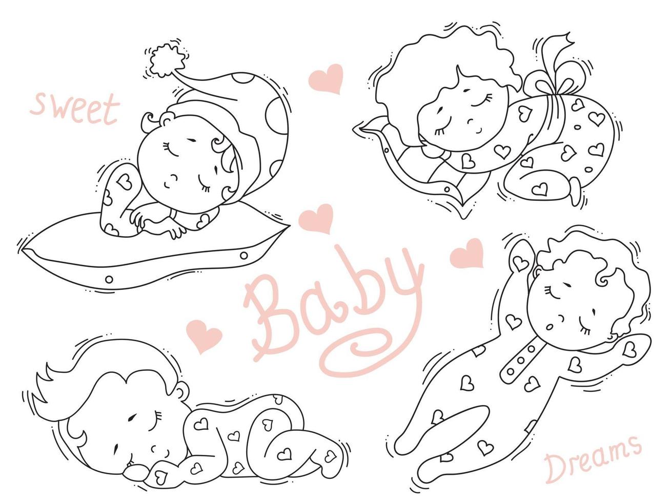 Set of cute little babies sleeping sweetly in different poses. Kids collection sweet dream. Vector. Decorative illustrations. Outline. Isolated on white. Childrens design, cards, decorations and decor vector