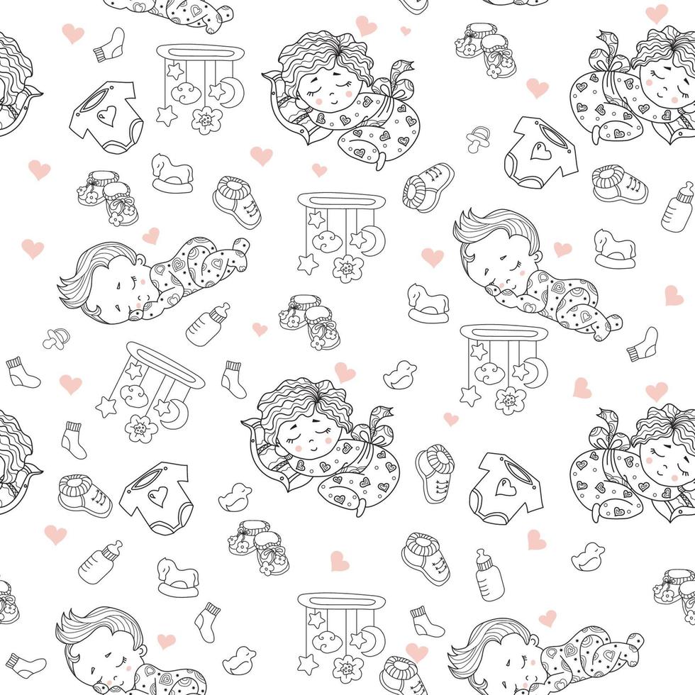 Seamless patterns. Cute baby in pajamas sleeps on pillow. Decorative drawings of babies with toys and rattles, nipples, clothes, shoes on a white background. outline. Vector. Kids collection vector