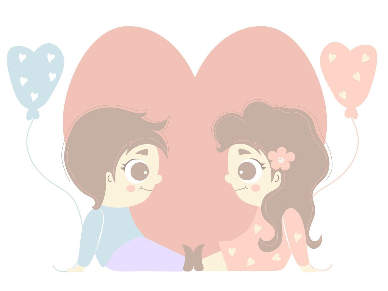 People in love. A couple - a cute girl and a boy are sitting opposite each other with balloons in their hands against the background of a large heart. Vector illustration. Isolated on white background