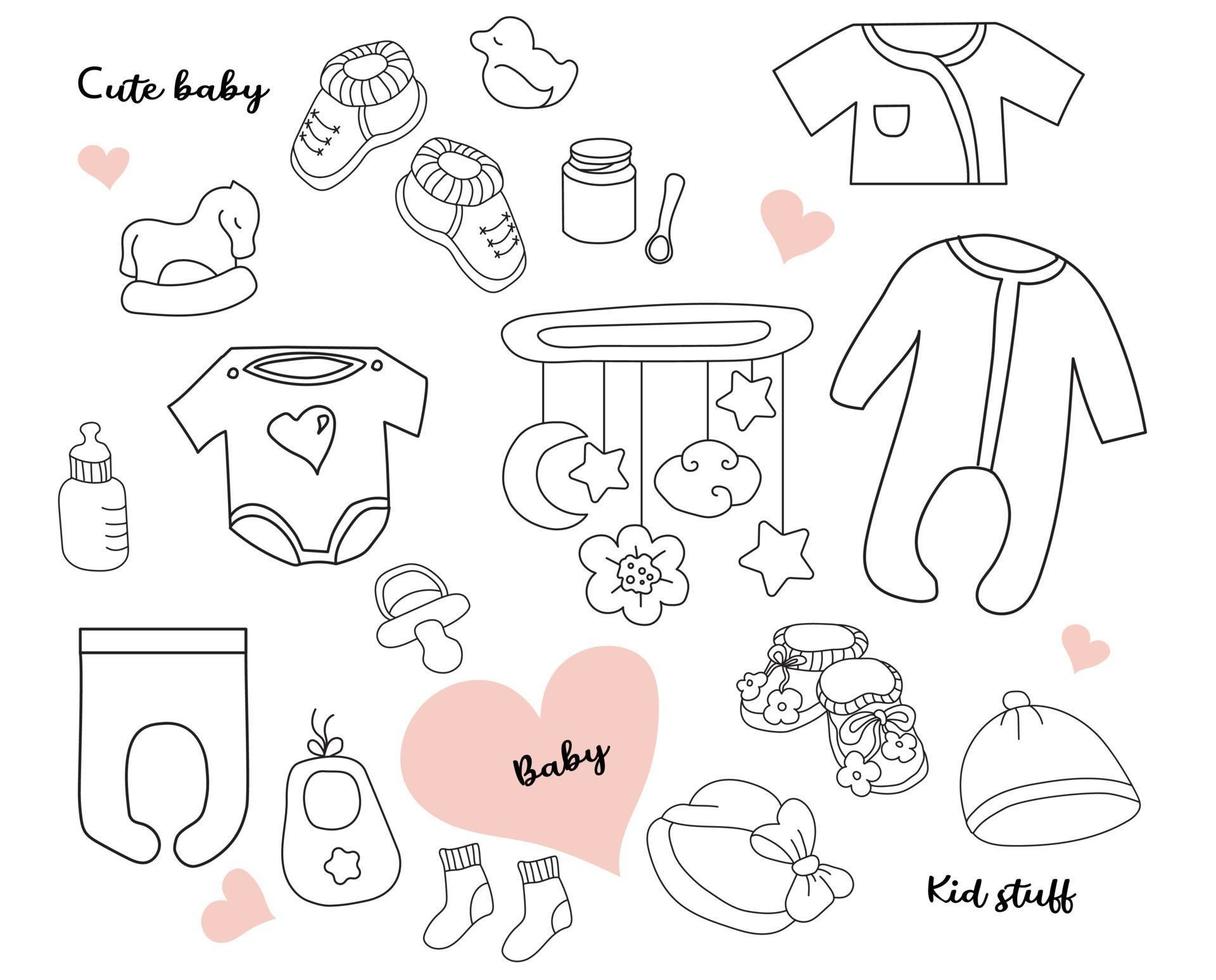 Big Set of doodles. Clothes, toys and things for a newborn baby. Line, outline. Isolated on white. Vector illustration