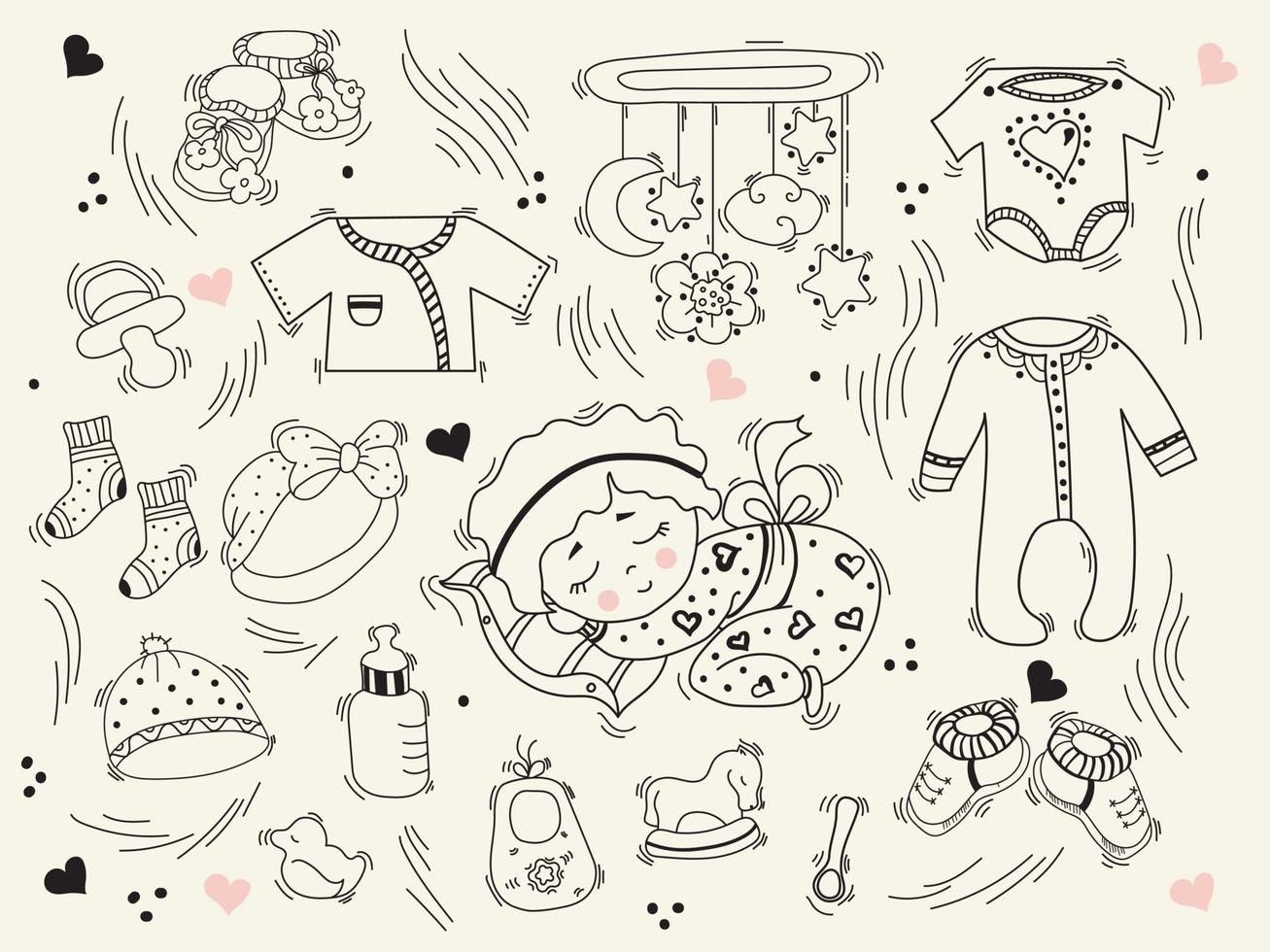 Cute sleeping baby in pajamas on a pillow, baby things, clothes, toys and shoes. Vector. Set of doodles. childrens collection. outline, Line, contour. Isolated elements vector