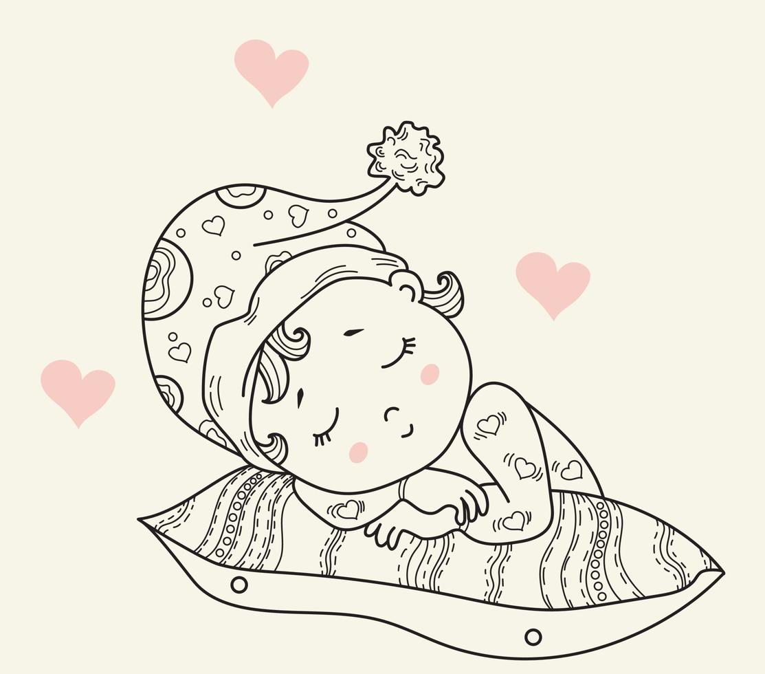 Kids collection. A cute little baby in a hat sleeps on a pillow. sweet Dreams. Decorative vector illustration. Outline. Isolated. Childrens design, cards, decorations and decor