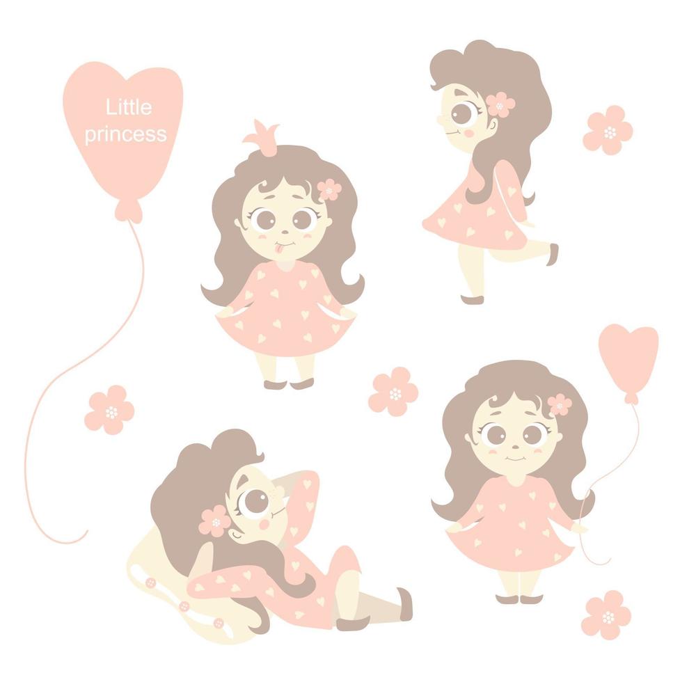 Little Princess. Set - a cute little girl with her tongue out, teasing, lying on a pillow, standing with a balloon, jumping on one leg. Vector illustration. Kids collection, childrens concept
