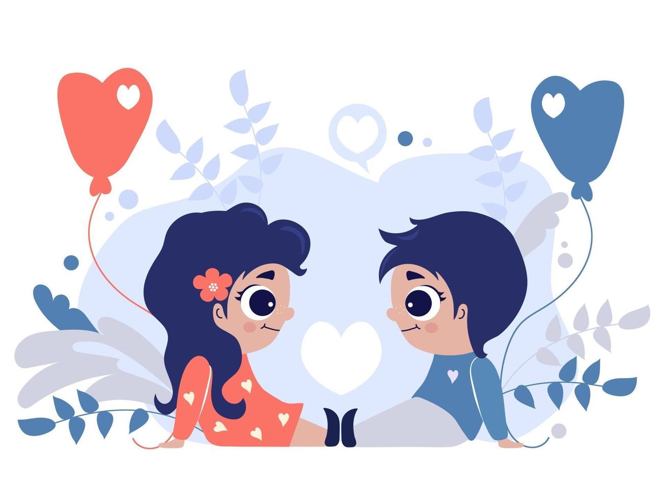 Lovely little children. Couple - A girl and a boy sit opposite each other with balloons in their hands on purple background with decorative flowers and leaves. Vector illustration. childrens concept