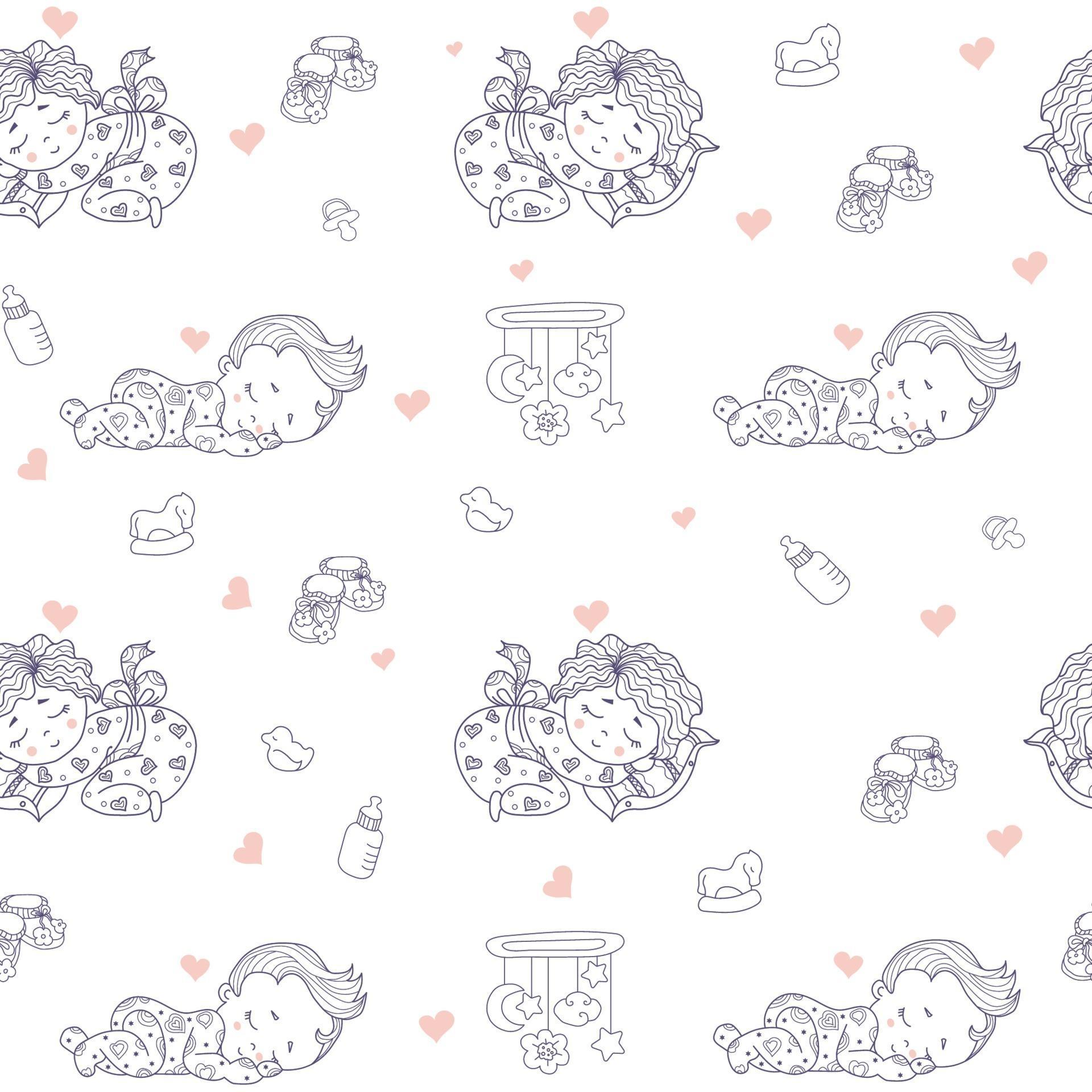 Seamless patterns. Cute baby in pajamas sleeps on pillow. Decorative