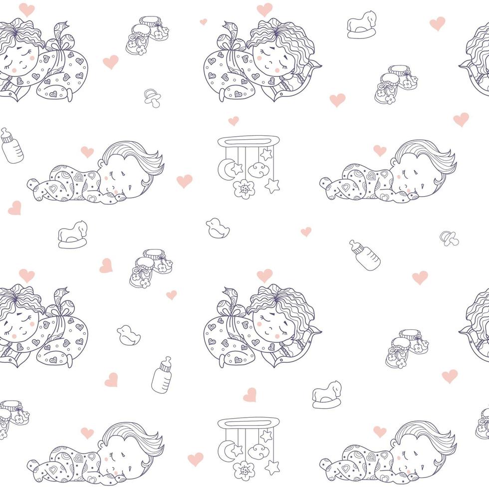 Seamless patterns. Cute baby in pajamas sleeps on pillow. Decorative drawings of babies against a white background with toys and rattles, nipples. outline. Vector. Kids collection for textiles, decor vector