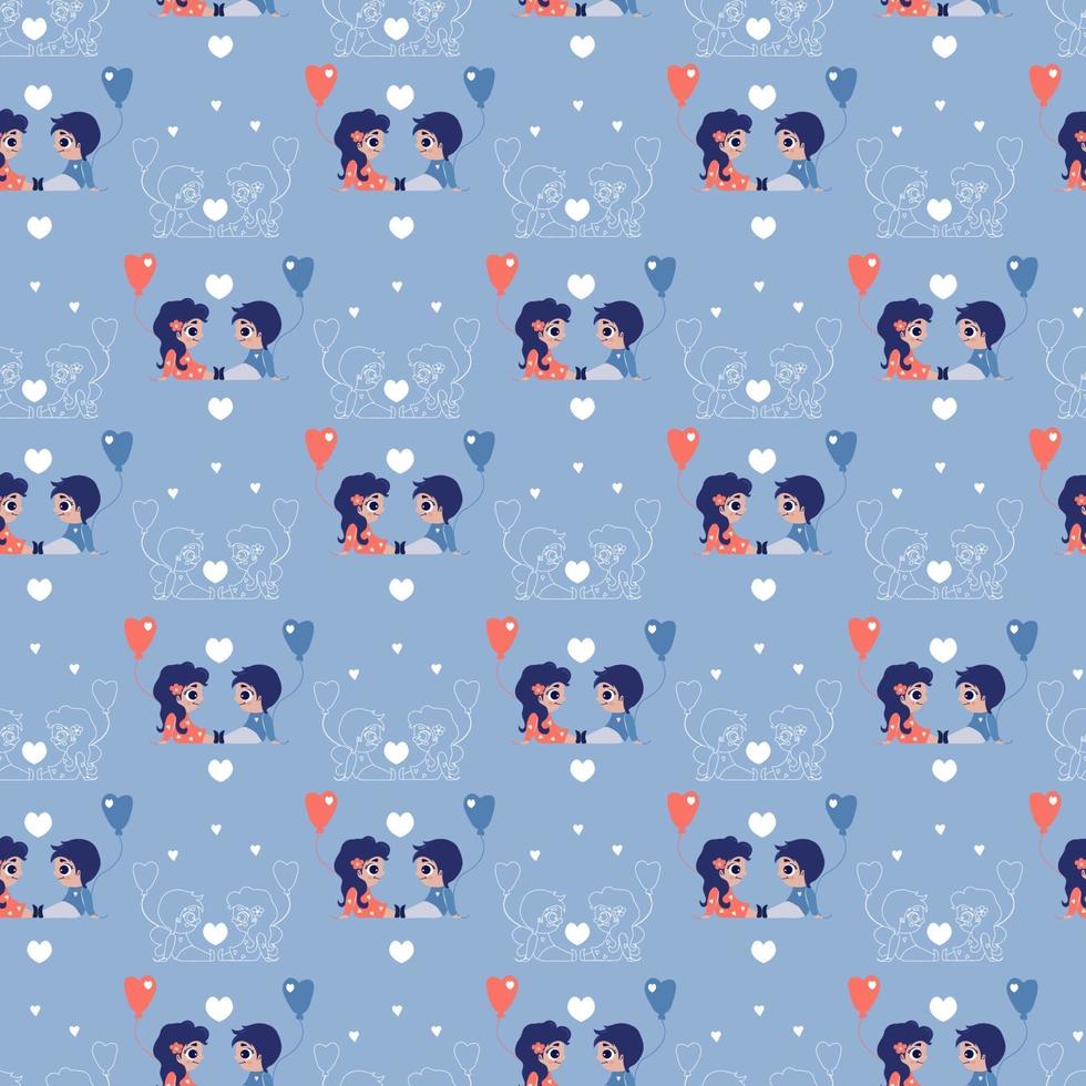 Seamless patterns. Childrens collection. Cute children angels - a girl and a boy with balloons. Colored and white outline drawing on a blue background. Vector. For valentines, textiles, packaging vector