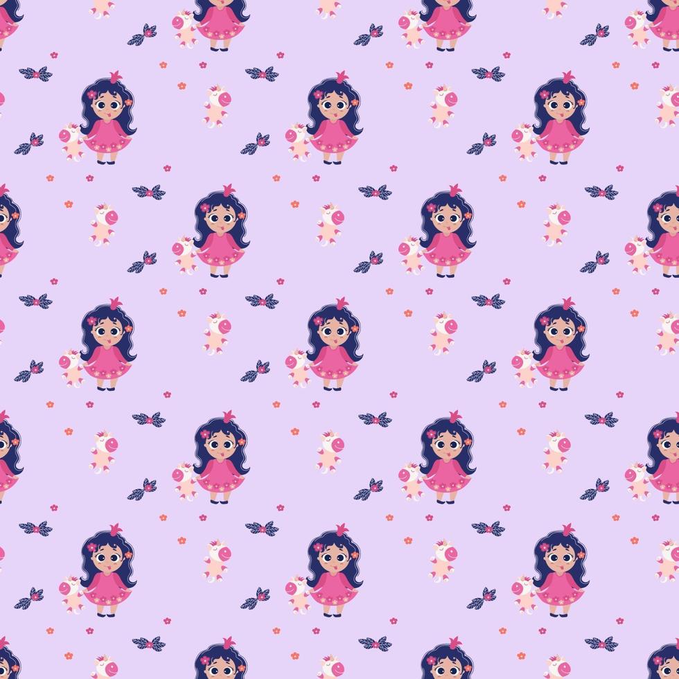 Seamless patterns. Little girl princess with her tongue hanging out and holding a unicorn toy in her hands on a light purple background. Vector. kids collection for design, textile and packaging vector