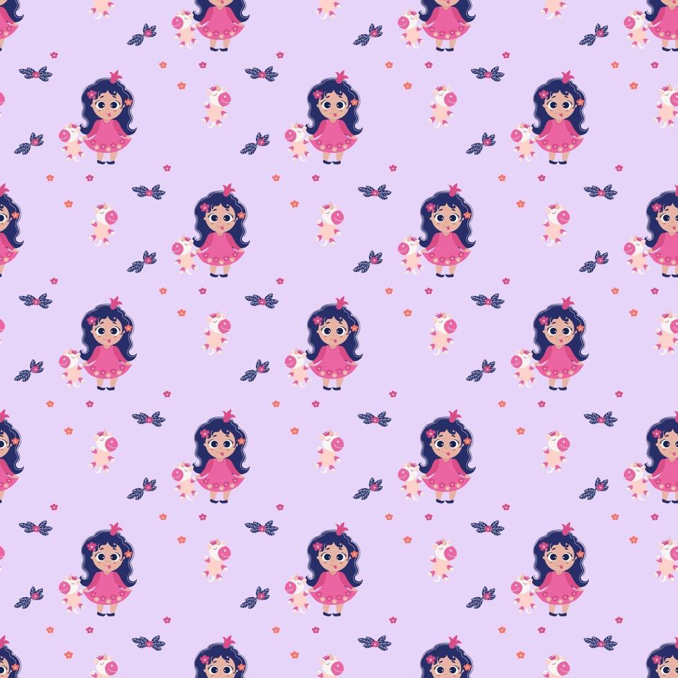 Seamless patterns. Little girl princess with her tongue hanging out and holding a unicorn toy in her hands on a light purple background. Vector. kids collection for design, textile and packaging vector