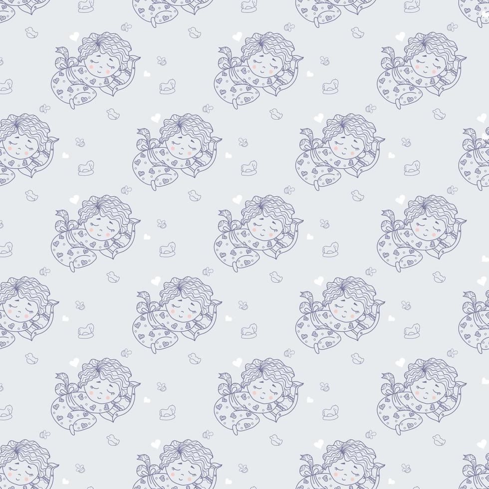 Seamless pattern. A cute baby in pajamas sleeps sweetly on a pillow. Vector decorative illustration on a light gray background with hearts and toys. line, outline. Vector illustration