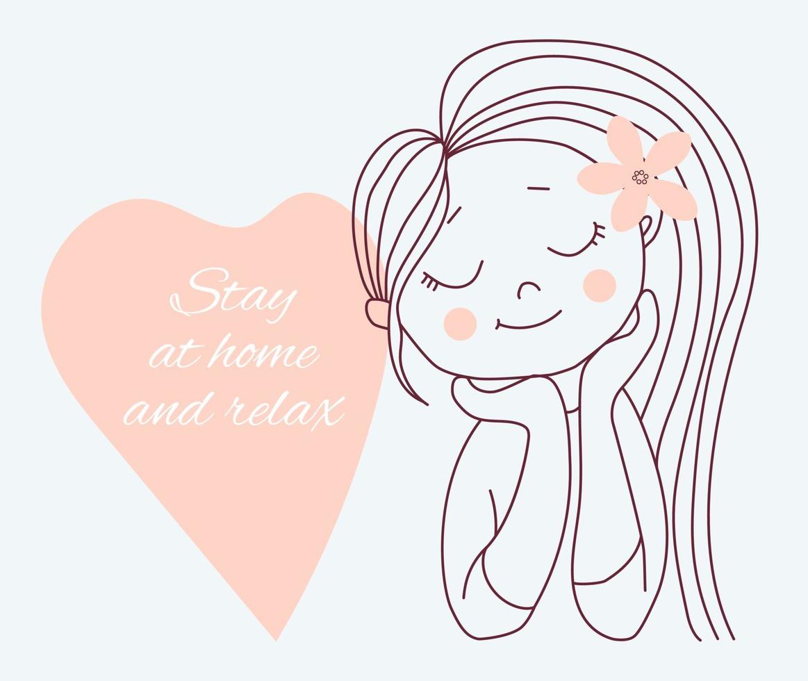 Covid-19 concept. Cute woman with closed eyes and pink heart with an inscription - stay at home and relax. Vector illustration. Outline drawing. Isolated on background