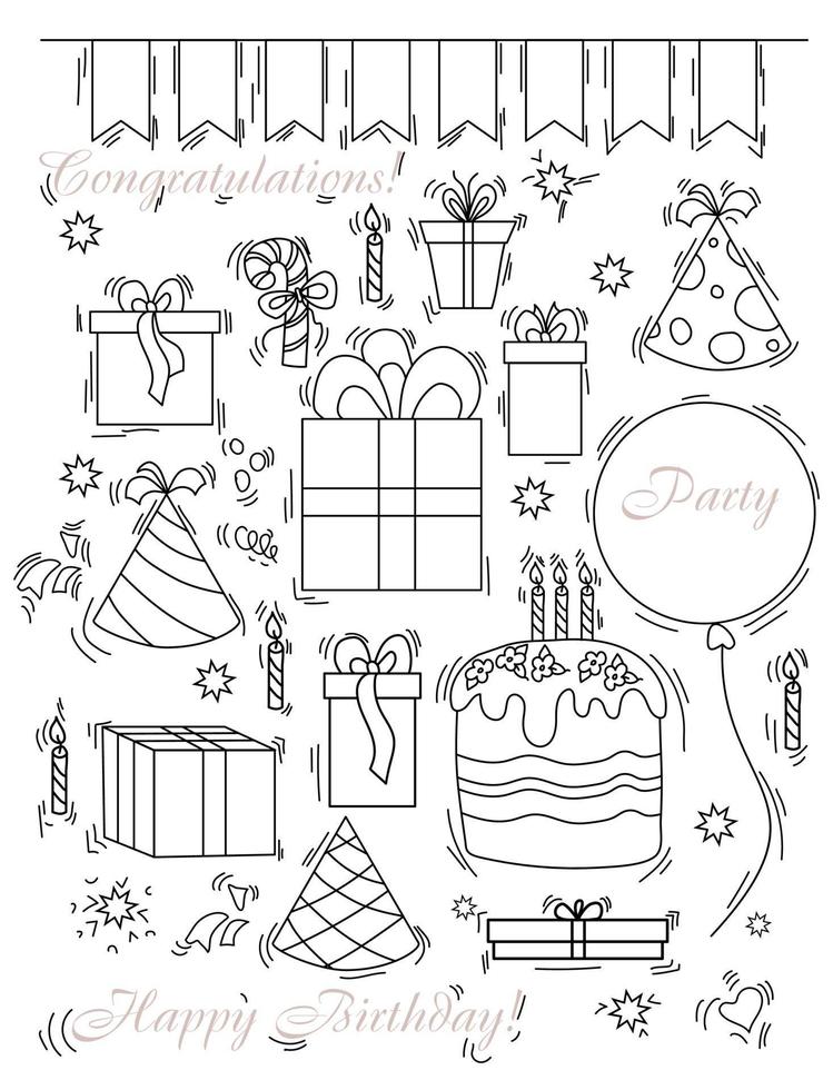 Set of doodles for party and birthday. Balloons and boxes, candies, sweets and a cake with candles and a cap, a hat for the birthday boy. outline. isolated on white background. Vector illustration