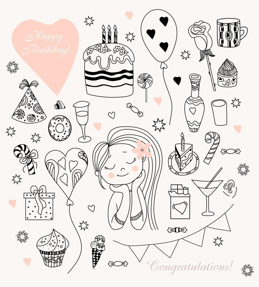 mujer con globos y dulces. conjunto de doodle de cumpleaños de mujer. linda chica y pastel con velas, rosquilla y caramelo, helado y chocolate, regalos y una rosa. contorno. aislado sobre fondo blanco. vector