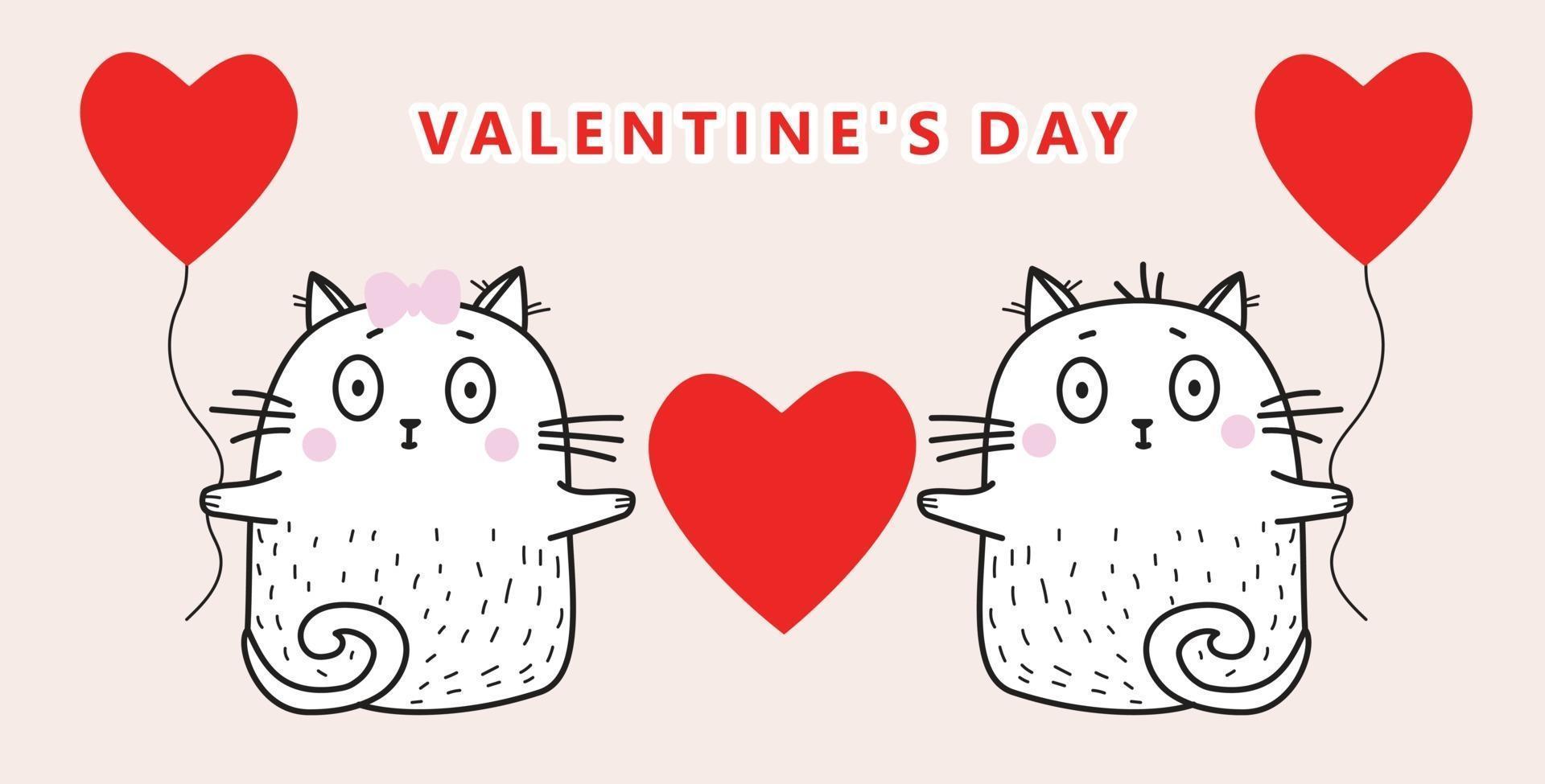 A pair in love of white cats with red balloons and a heart in their paws on a pink background. Vector illustration. Congratulations to Valentines Day. For design, greeting card and decoration