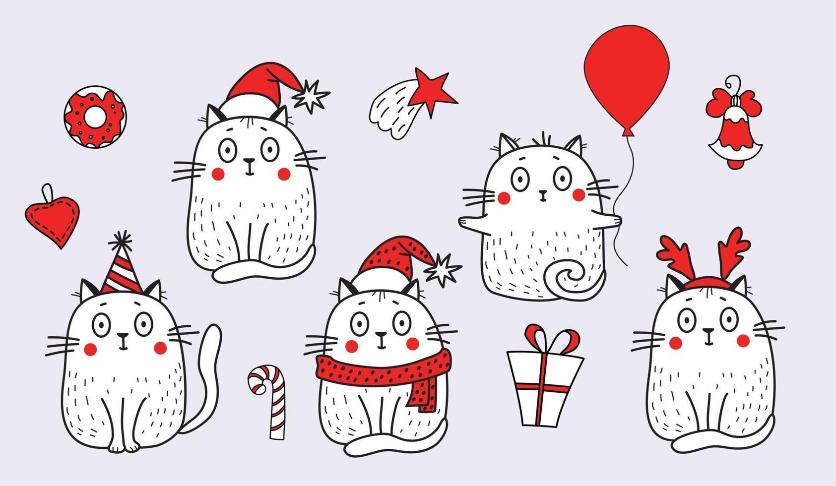 A set of cats in festive clothes, in a Santa hat, a hat with horns, a birthday cap, with a balloon and items for Christmas - a star, a bell, a gift and sweets. Vector illustration for design