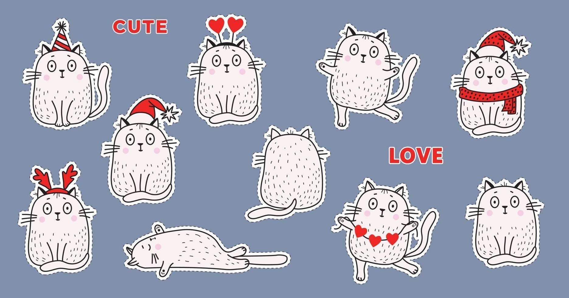 A set of stickers white cats in festive clothes, in a Santa hat, a hat with horns, a birthday hat, with a garland of hearts, different - sit and lie, resentment. Vector illustration for design