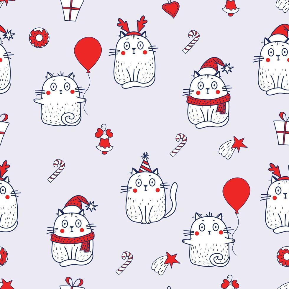 Seamless patterns. Festive white cats with a balloon, a hat with antlers, a Santa hat, In the birthday cap with a Christmas decoration - a star and a bell. Vector on a gray background