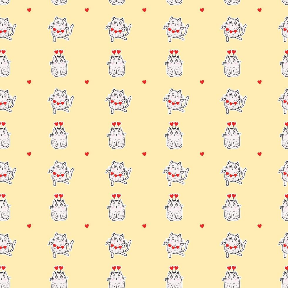 Seamless patterns. Valentines card Festive cats with a garland and in a hat with hearts dance and sit on a yellow background. Vector for design, holidays and valentines