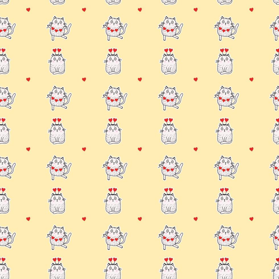 Seamless patterns. Valentines card Festive cats with a garland and in a hat with hearts dance and sit on a yellow background. Vector for design, holidays and valentines