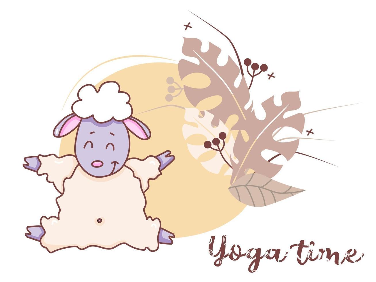 Yoga time. A cute lamb is engaged in hobby - yoga, stretching while sitting in an asana. Farm animals yoga - sitting sheep on decorative background with tropical leaves. Vector. Flat design. Isolated vector