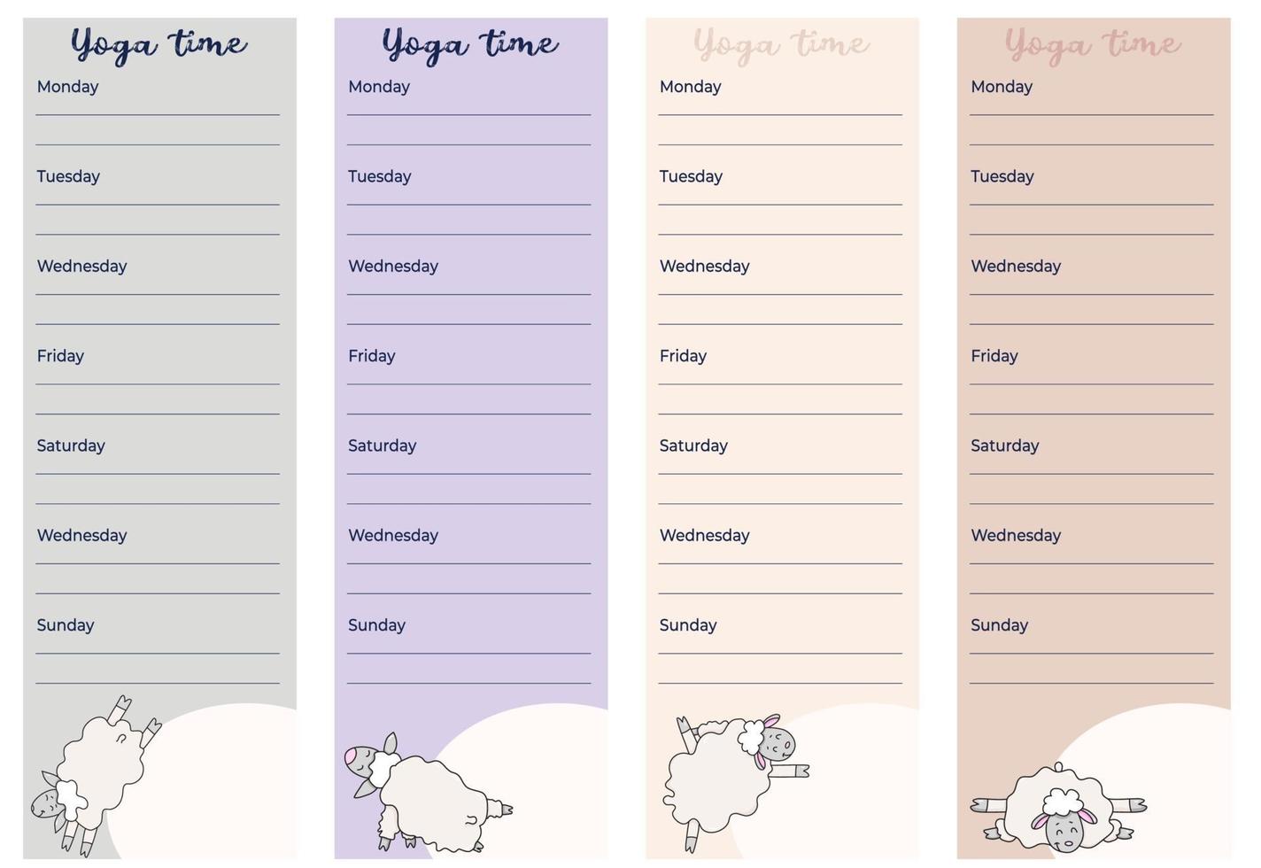 Cute weekly planner templates. Design with Weekly sports schedule with cute funny sheep doing yoga asanas and meditating. Yoga time - Planner, organizer and training schedule. Vector. Isolated vector