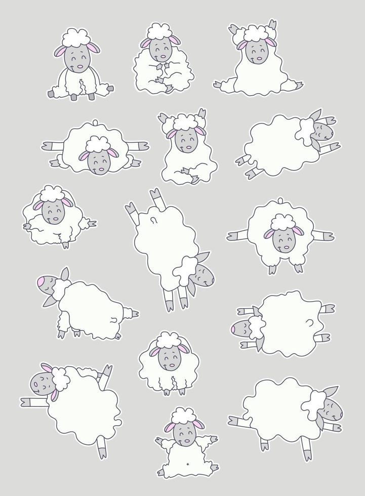 Set of stickers - Sheep yoga. White cute sheep get up in an asana and go in for sports, fitness and meditation. Yoga pets. Vector illustration. All elements are isolated on gray background