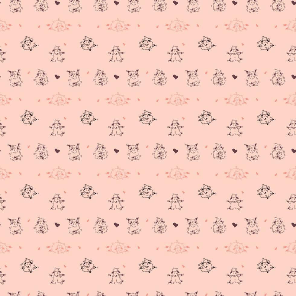 Seamless patterns. Yoga for farm animals. Playful cute sheep go in for sports, meditation and gymnastics. Vector illustration outline on a pink background. For textiles, wallpaper, kids collection