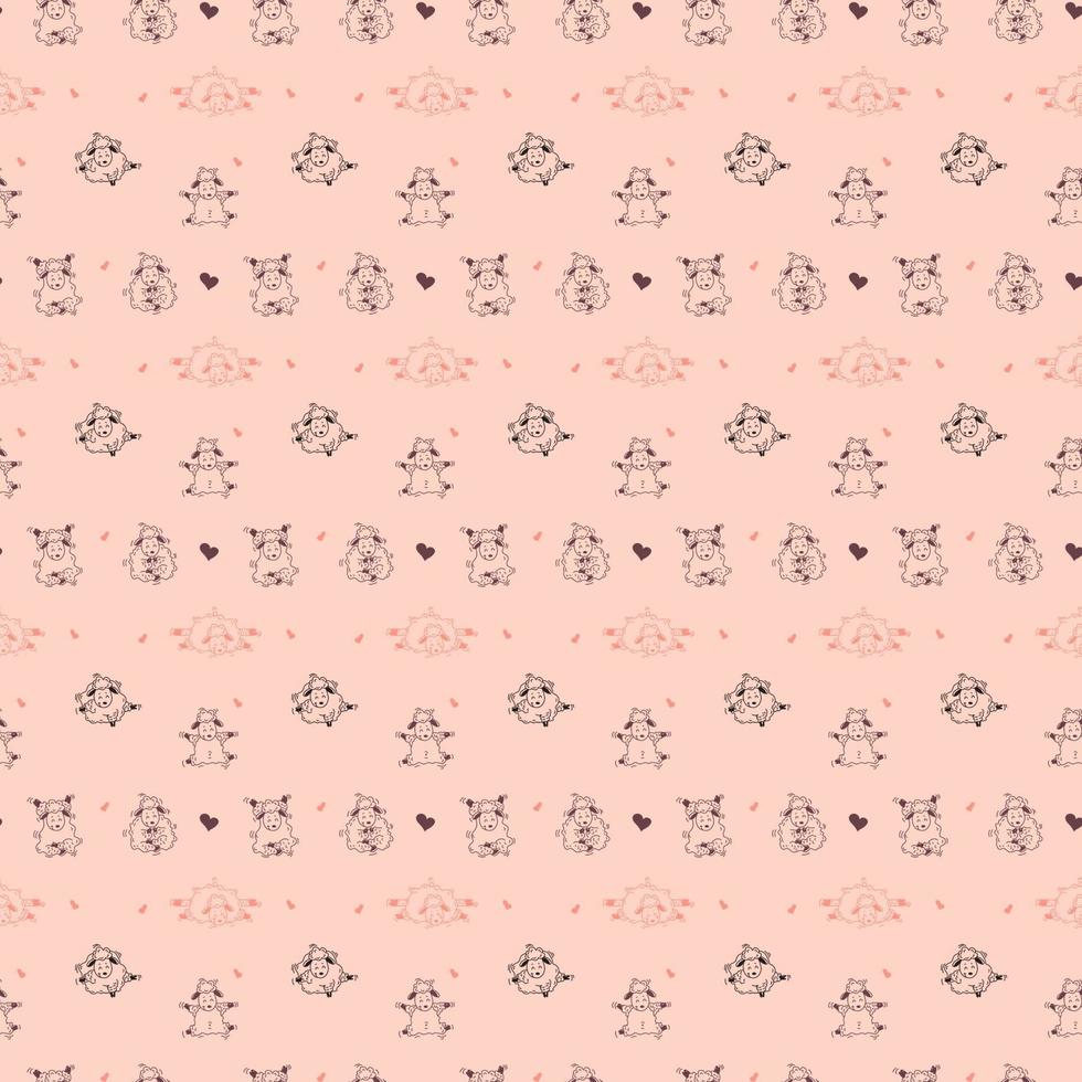 Seamless patterns. Yoga for farm animals. Playful cute sheep go in for sports, meditation and gymnastics. Vector illustration outline on a pink background. For textiles, wallpaper, kids collection