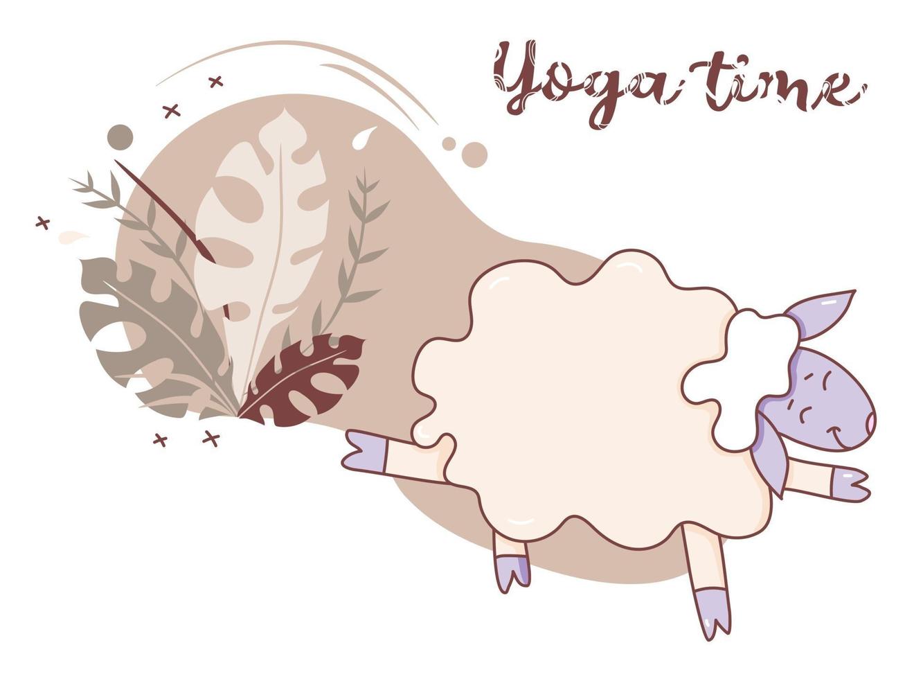 Yoga time. A cute playful sheep doing yoga, standing in an asana, fitness and stretching, a hobby. Sheep yoga on a decorative background with Tropical leaves and decor. Vector. Isolated on white vector