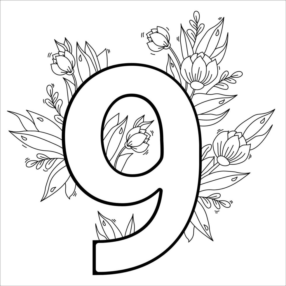 Flower number nine. Decorative pattern 9 with flowers, tulips, buds and leaves. Vector illustration isolated on white background. Line, outline. For greeting cards, print, design and decoration