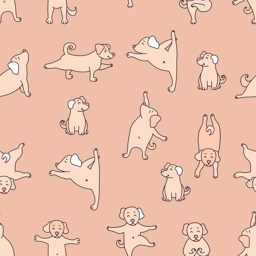 patrón sin costuras. mascotas yoga. yoga para perros: cachorros lindos que hacen ejercicios y se paran en asanas. vector sobre un fondo decorativo rosa. para diseño, embalaje, textiles y papel tapiz
