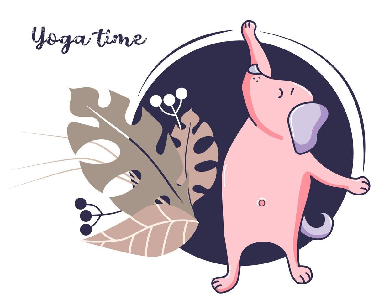 Yoga pets. A cute dog is engaged in fitness and sports, stretches in an asana, loses weight. Vector. Illustration on a blue background with decor and tropical leaves. yoga time and hobby concept vector