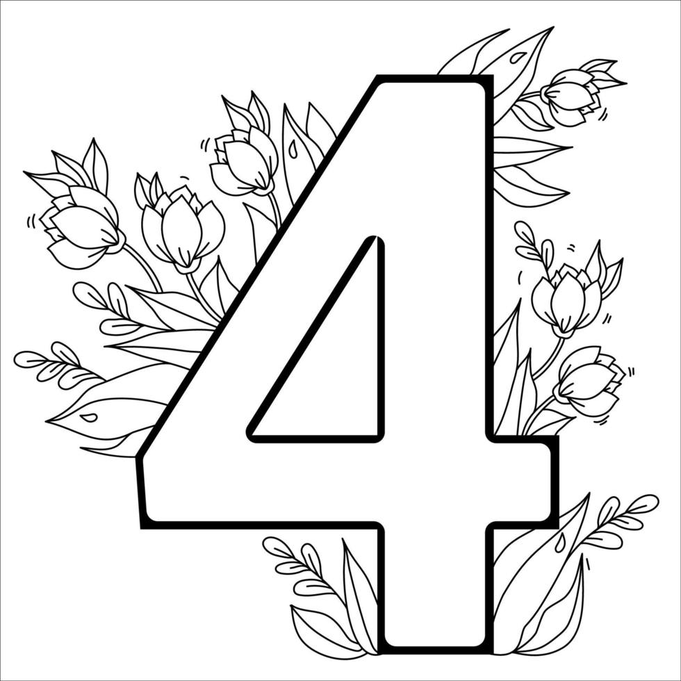 Flower number Four. Decorative pattern 4 with flowers, tulips, buds and leaves. Vector illustration isolated on white background. Line, outline. For greeting cards, print, design and decoration