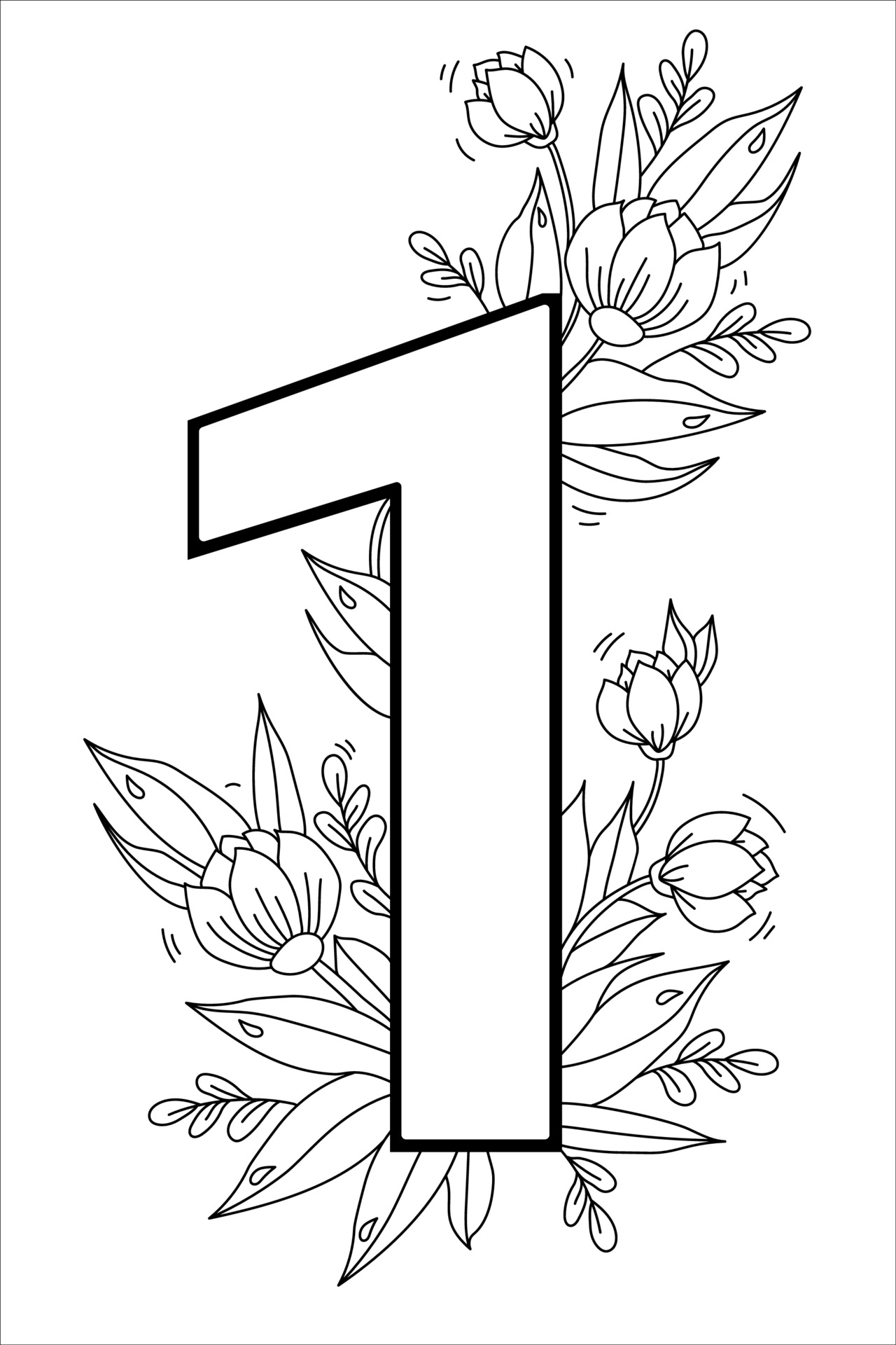 flower number digit one decorative pattern 1 with flowers tulips buds and leaves vector illustration isolated on white background line outline for greeting cards print design and decoration 2132628 vector art at vecteezy