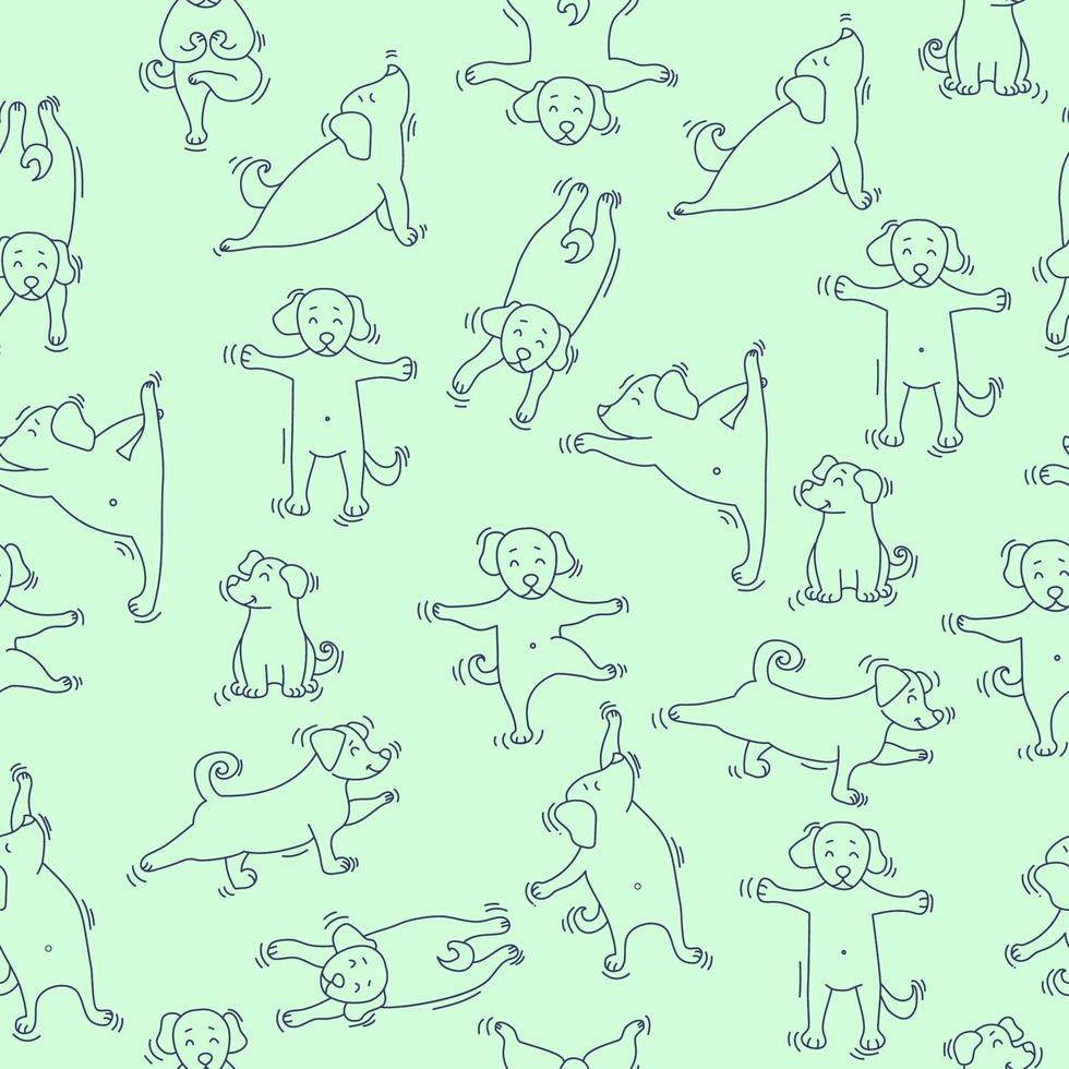 Seamless pattern. pets yoga. Dog yoga - cute puppies doing exercises and standing in asana. Vector outline on a light green background