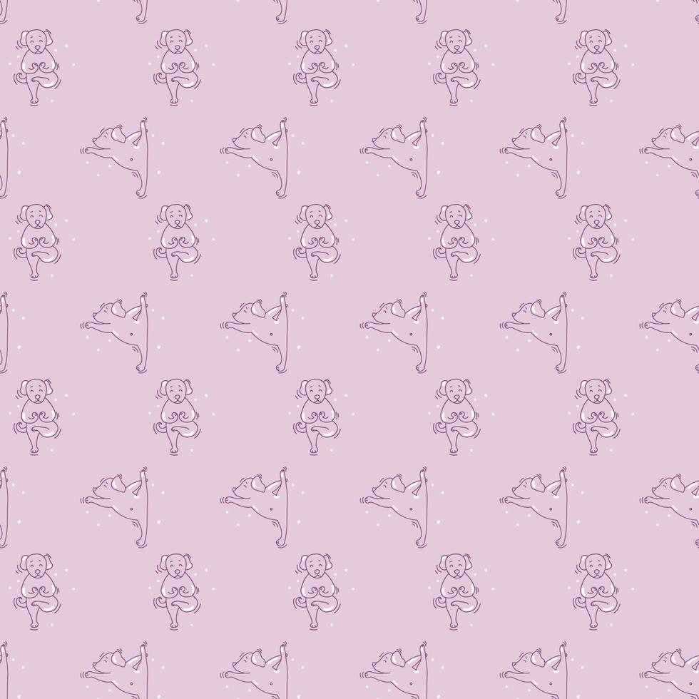 Seamless pattern. pets yoga. Dog yoga - cute puppies doing exercises and standing in asana. Vector outline on a light Pink decorative background