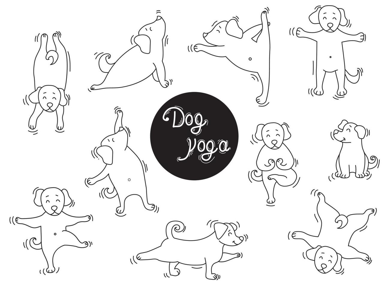 Yoga pets. Dog yoga a large set of pictures. puppies stand in an asana and go in for sports, do exercises, Home hobby. Outline. Vector illustration