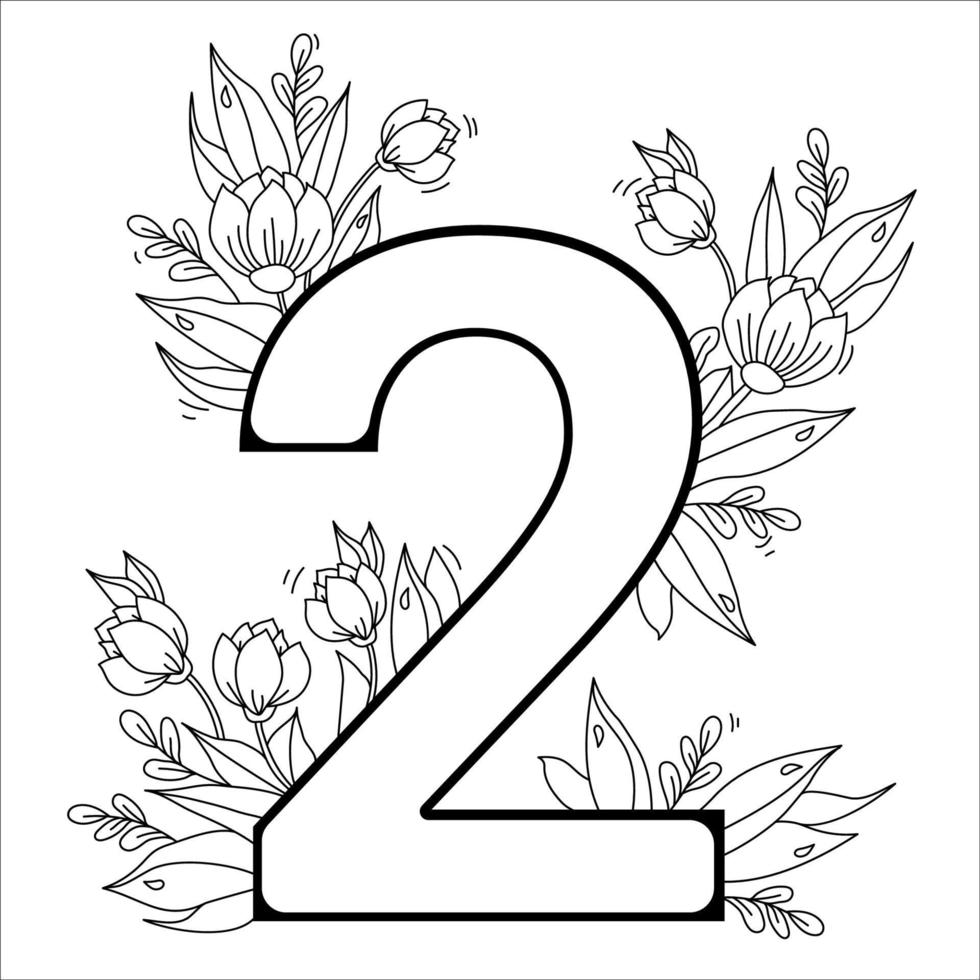 flor número dos. patrón decorativo 2 con flores, tulipanes, capullos y hojas. ilustración vectorial aislado sobre fondo blanco. línea, contorno. para tarjetas de felicitación, impresión, diseño y decoración vector