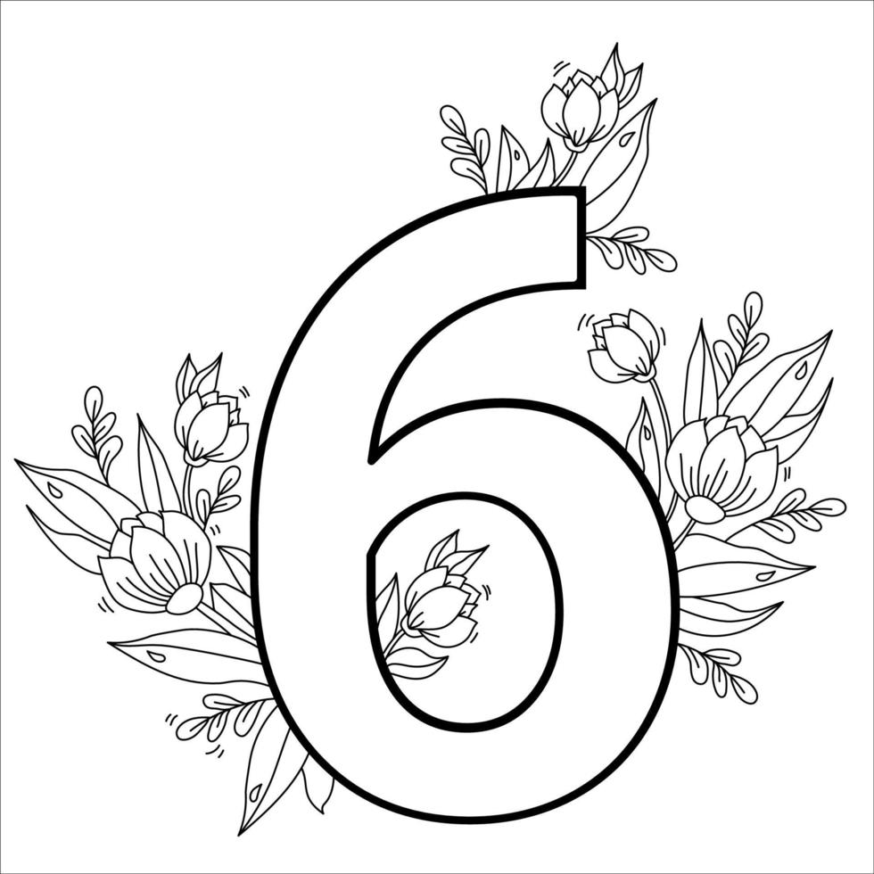 flor número seis. patrón decorativo 6 con flores, tulipanes, capullos y hojas. ilustración vectorial aislado sobre fondo blanco. línea, contorno. para tarjetas de felicitación, impresión, diseño y decoración vector