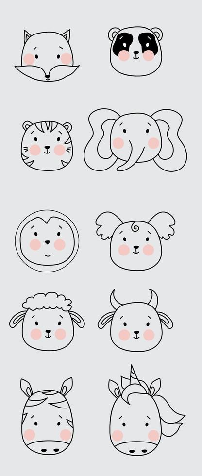 Outline drawing. Cute simple animal portraits - fox and panda, tiger and words, penguin and koala, sheep and bull, zebra and unicorn. kids collection, for design, printing and decoration. Vector